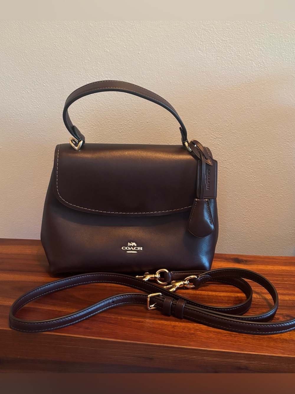 Coach Emory Top Handle Leather Crossbody Bag in Dark Brown